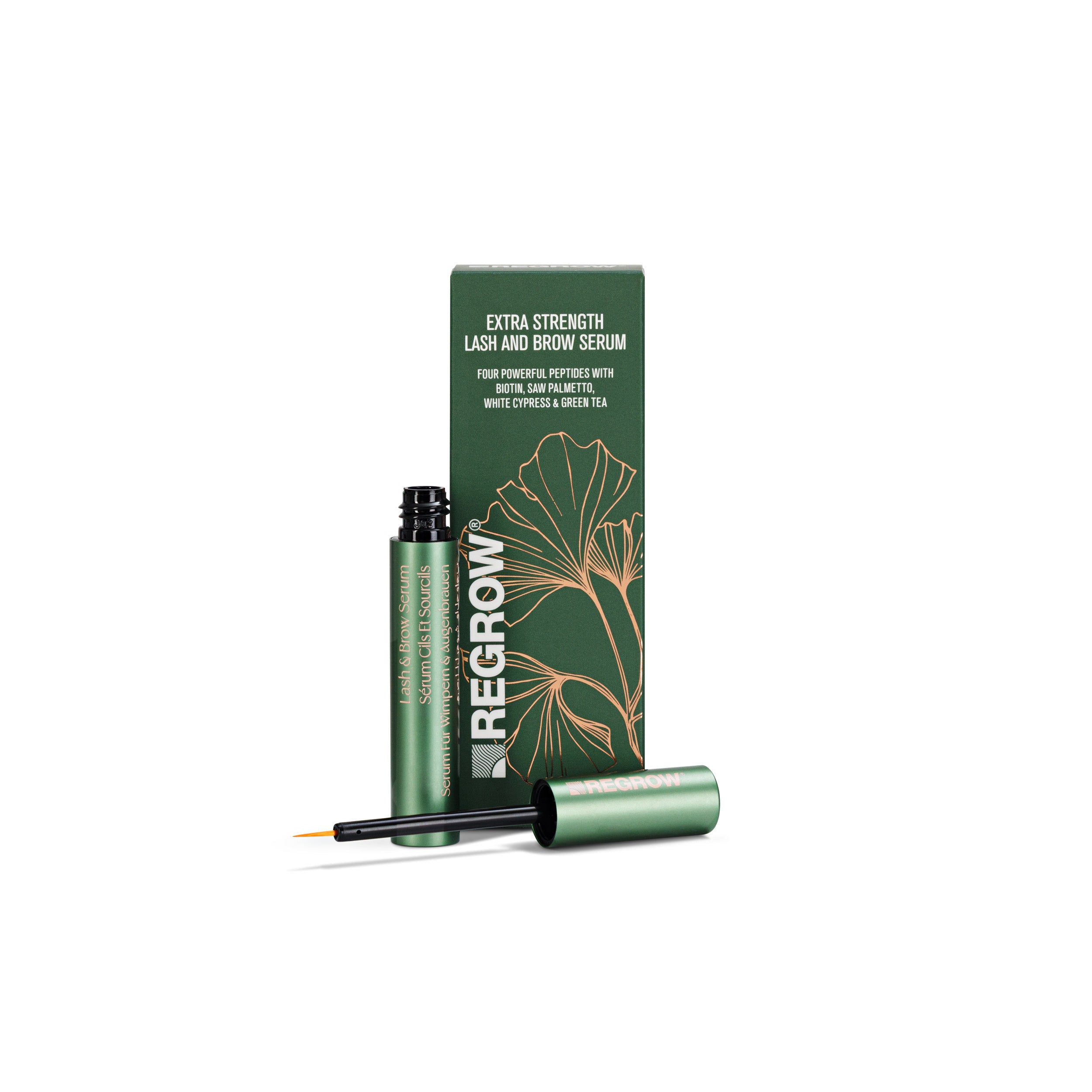 Green lash and brow serum with packaging on a white background