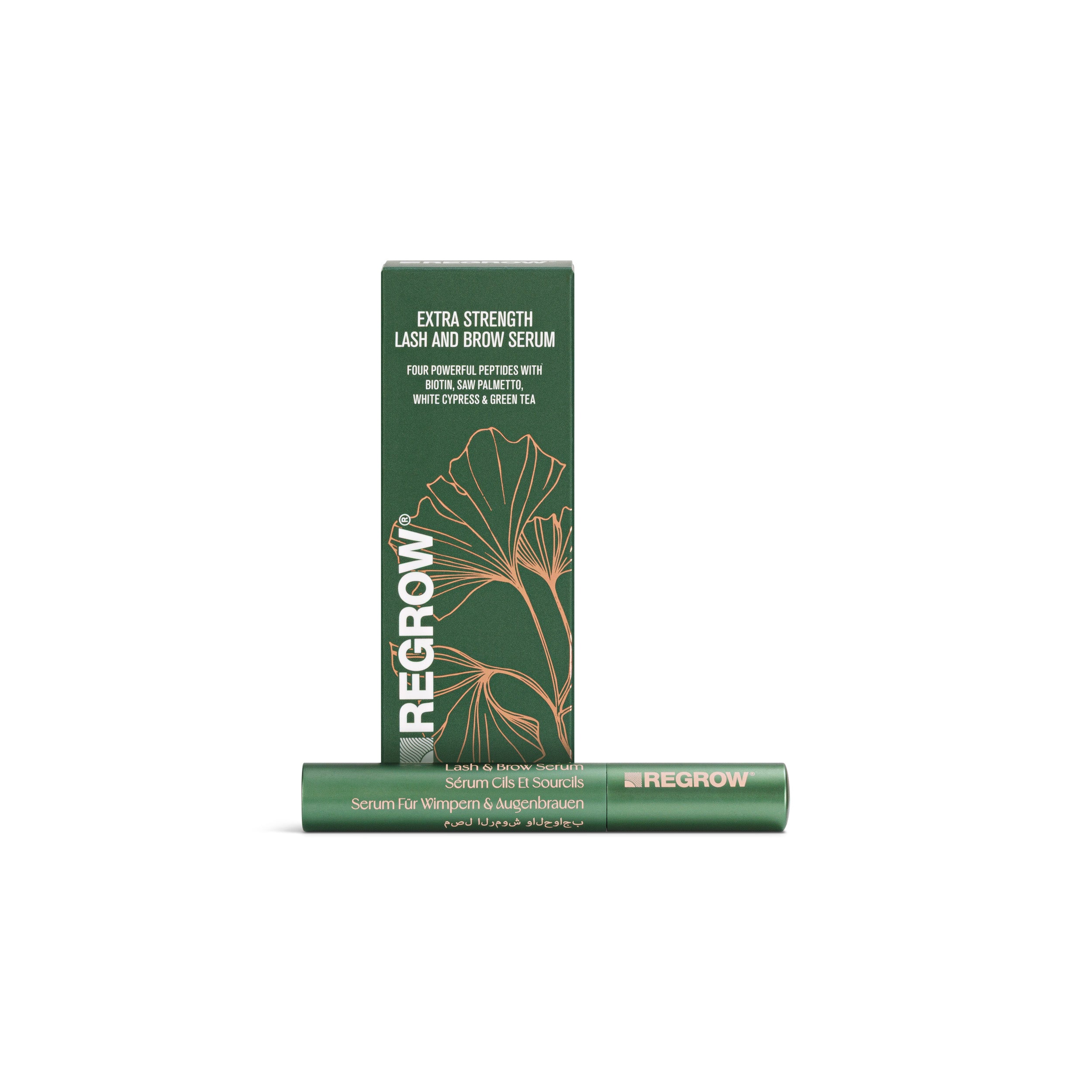 REGROW lash and brow serum packaging with green box and tube on a white background